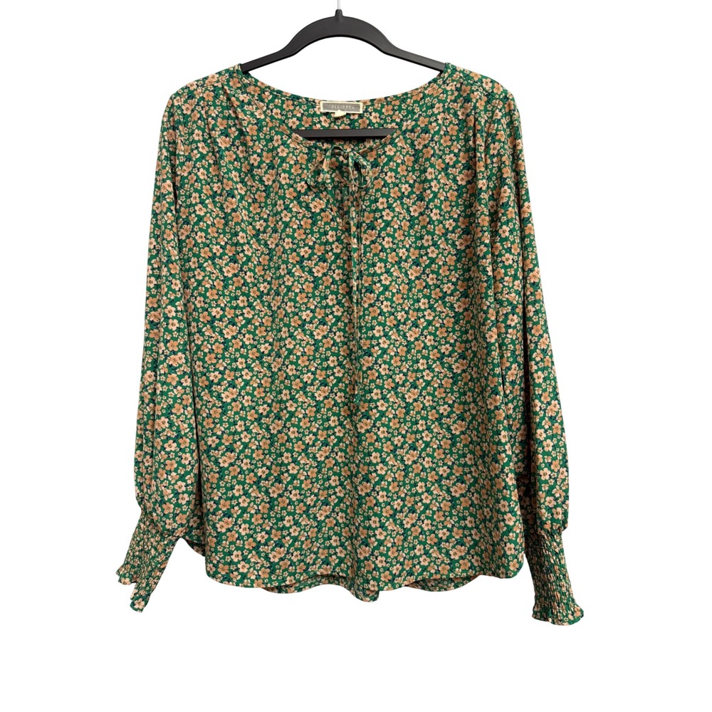 Pleione‎ Green Floral Long Sleeve Smocked Cuff Blouse Top Medium Peasant Boho